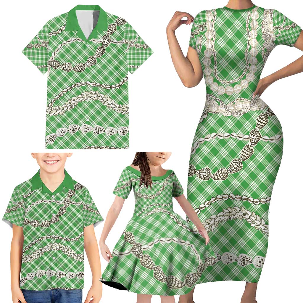 Green Aloha Hawaii Shell Lei Family Matching Short Sleeve Bodycon Dress and Hawaiian Shirt Palaka Hebrew Cone Honey Cowrie Elegant Curves - Polynesian Pride