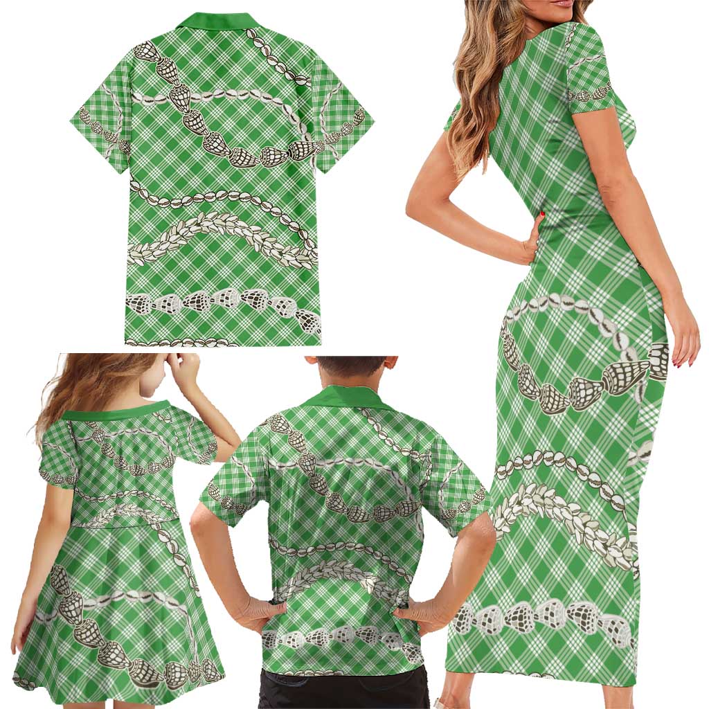 Green Aloha Hawaii Shell Lei Family Matching Short Sleeve Bodycon Dress and Hawaiian Shirt Palaka Hebrew Cone Honey Cowrie Elegant Curves - Polynesian Pride