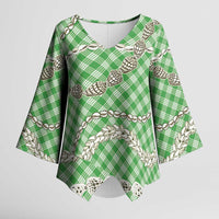Green Aloha Hawaii Shell Lei Kimono Sleeve Blouse Palaka Hebrew Cone Honey Cowrie Elegant Curves - Polynesian Pride