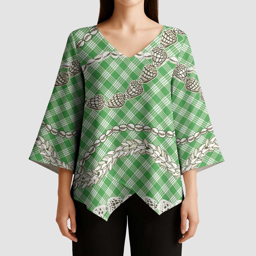 Green Aloha Hawaii Shell Lei Kimono Sleeve Blouse Palaka Hebrew Cone Honey Cowrie Elegant Curves - Polynesian Pride