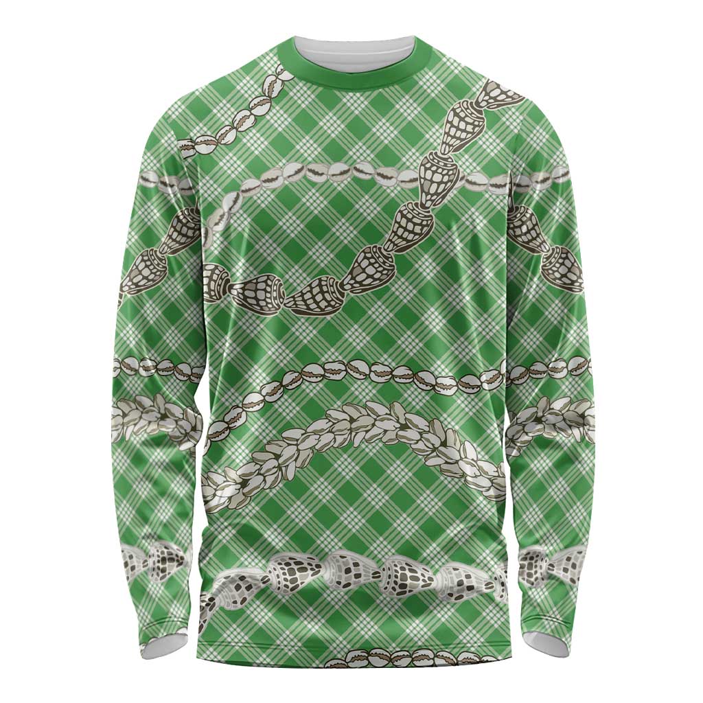 Green Aloha Hawaii Shell Lei Long Sleeve Shirt Palaka Hebrew Cone Honey Cowrie Elegant Curves - Polynesian Pride