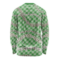 Green Aloha Hawaii Shell Lei Long Sleeve Shirt Palaka Hebrew Cone Honey Cowrie Elegant Curves - Polynesian Pride