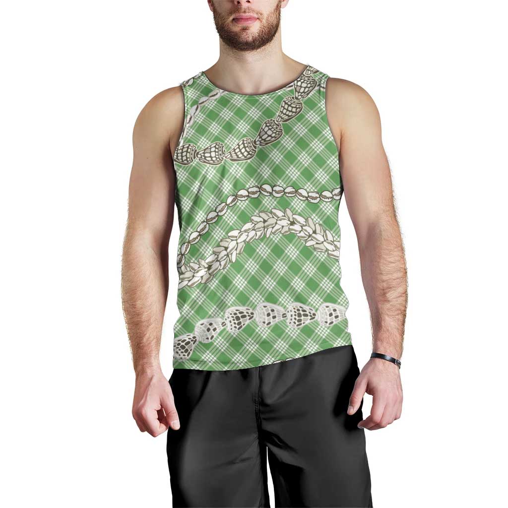 Green Aloha Hawaii Shell Lei Men Tank Top Palaka Hebrew Cone Honey Cowrie Elegant Curves - Polynesian Pride