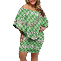 Green Aloha Hawaii Shell Lei Off Shoulder Short Dress Palaka Hebrew Cone Honey Cowrie Elegant Curves - Polynesian Pride