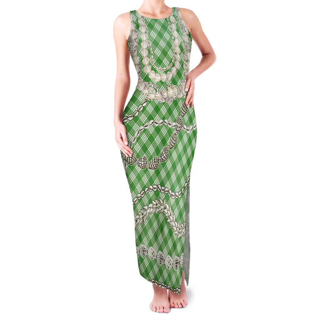 Green Aloha Hawaii Shell Lei Tank Maxi Dress Palaka Hebrew Cone Honey Cowrie Elegant Curves - Polynesian Pride