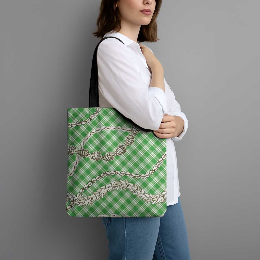 Green Aloha Hawaii Shell Lei Tote Bag Palaka Hebrew Cone Honey Cowrie Elegant Curves - Polynesian Pride