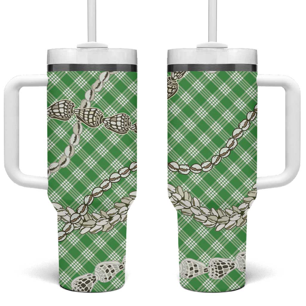 Green Aloha Hawaii Shell Lei Tumbler With Handle Palaka Hebrew Cone Honey Cowrie Elegant Curves - Polynesian Pride