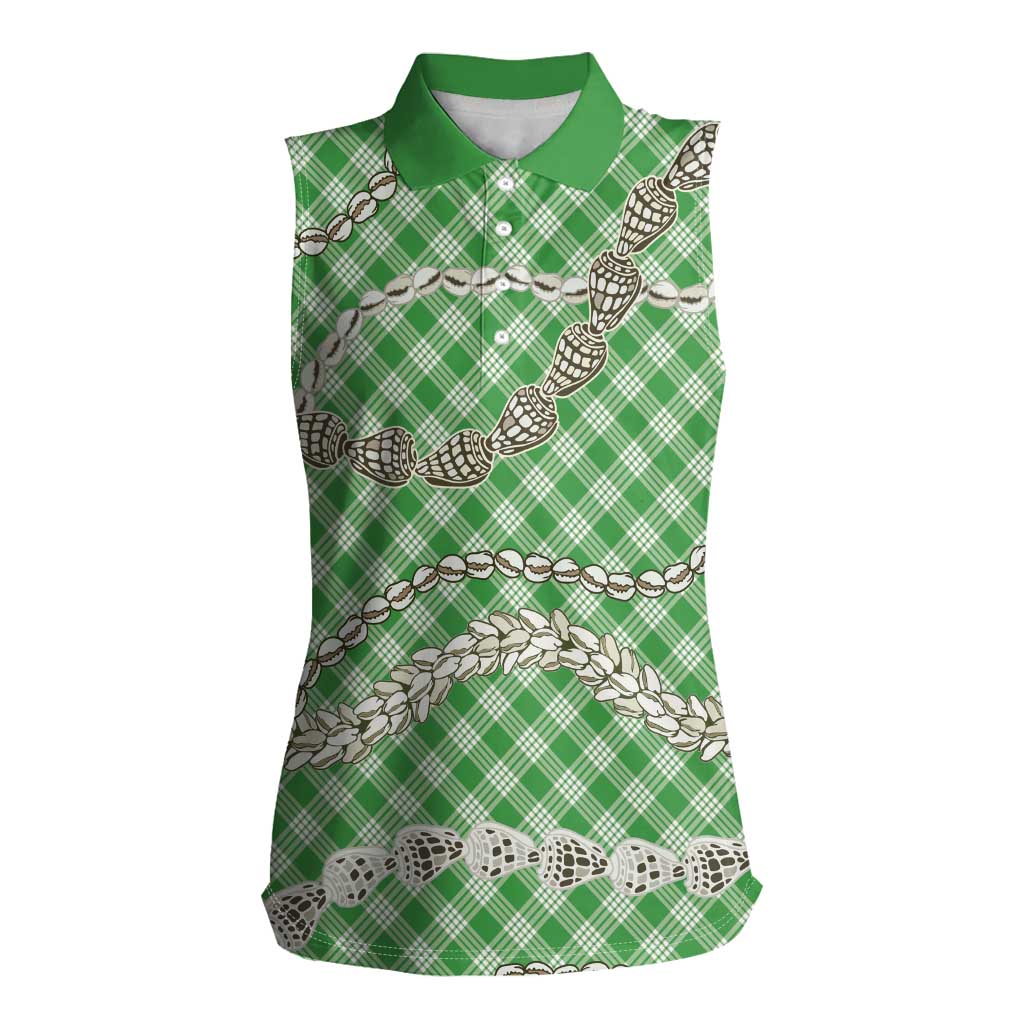 Green Aloha Hawaii Shell Lei Women Sleeveless Polo Shirt Palaka Hebrew Cone Honey Cowrie Elegant Curves - Polynesian Pride