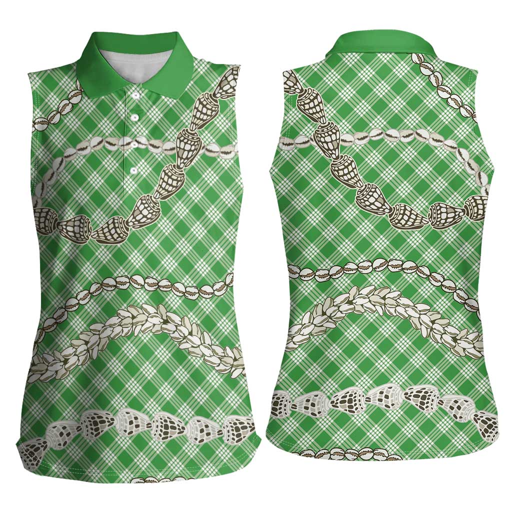 Green Aloha Hawaii Shell Lei Women Sleeveless Polo Shirt Palaka Hebrew Cone Honey Cowrie Elegant Curves - Polynesian Pride