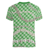 Green Aloha Hawaii Shell Lei Women V-Neck T-Shirt Palaka Hebrew Cone Honey Cowrie Elegant Curves - Polynesian Pride