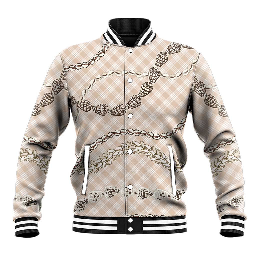 Beige Aloha Hawaii Shell Lei Baseball Jacket Palaka Hebrew Cone Honey Cowrie Elegant Curves - Polynesian Pride