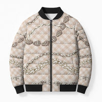 Beige Aloha Hawaii Shell Lei Bomber Puffer Jacket Palaka Hebrew Cone Honey Cowrie Elegant Curves - Polynesian Pride