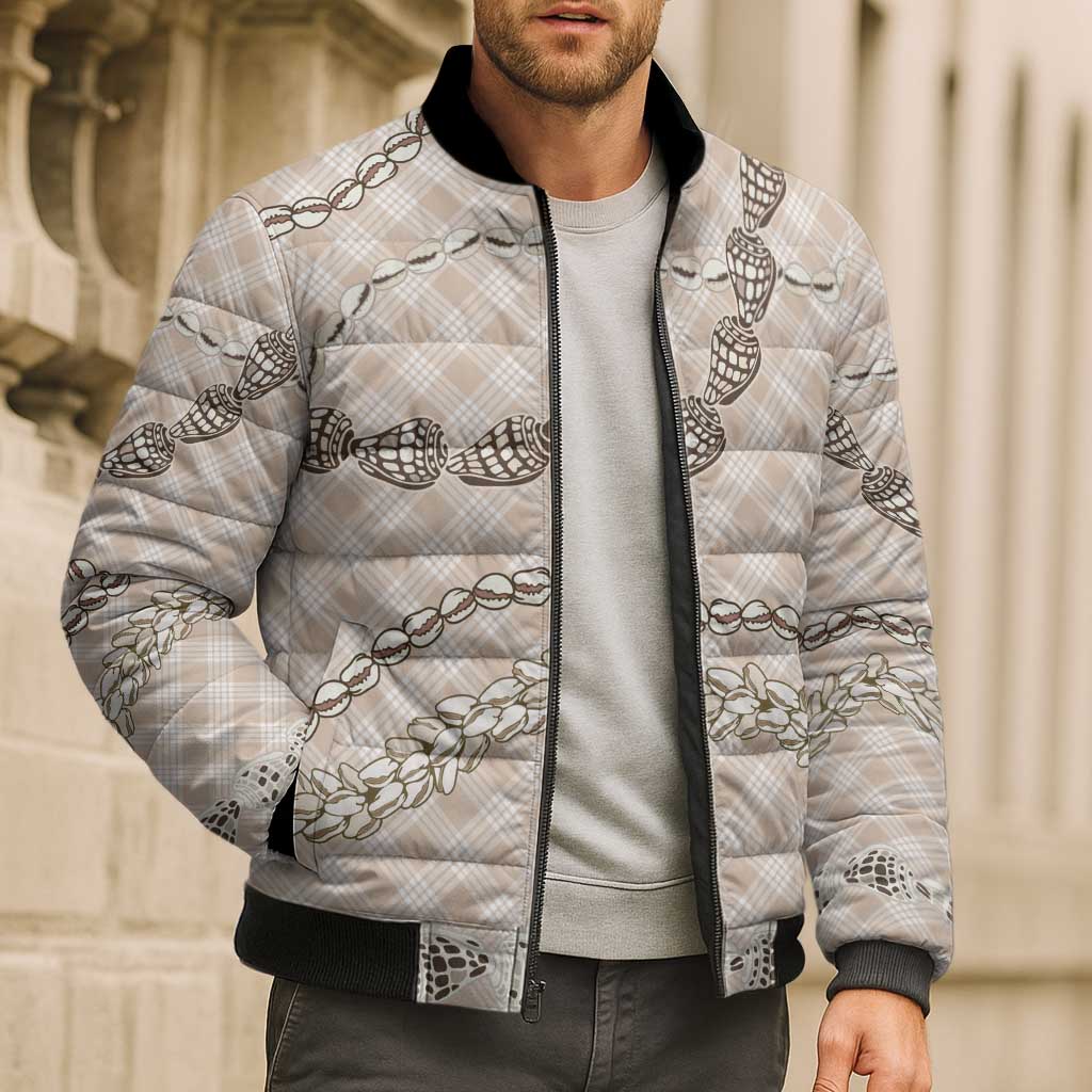 Beige Aloha Hawaii Shell Lei Bomber Puffer Jacket Palaka Hebrew Cone Honey Cowrie Elegant Curves - Polynesian Pride