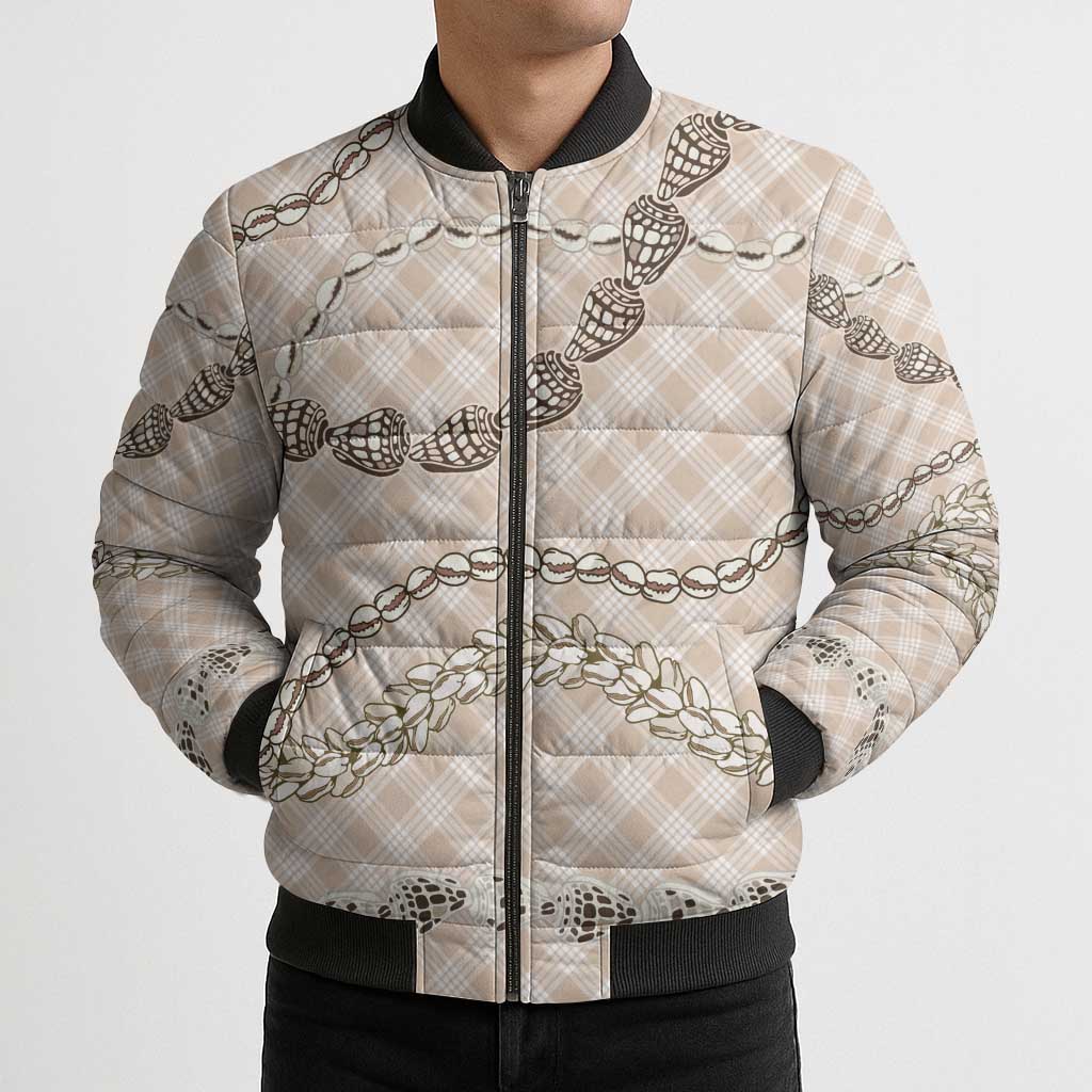 Beige Aloha Hawaii Shell Lei Bomber Puffer Jacket Palaka Hebrew Cone Honey Cowrie Elegant Curves - Polynesian Pride