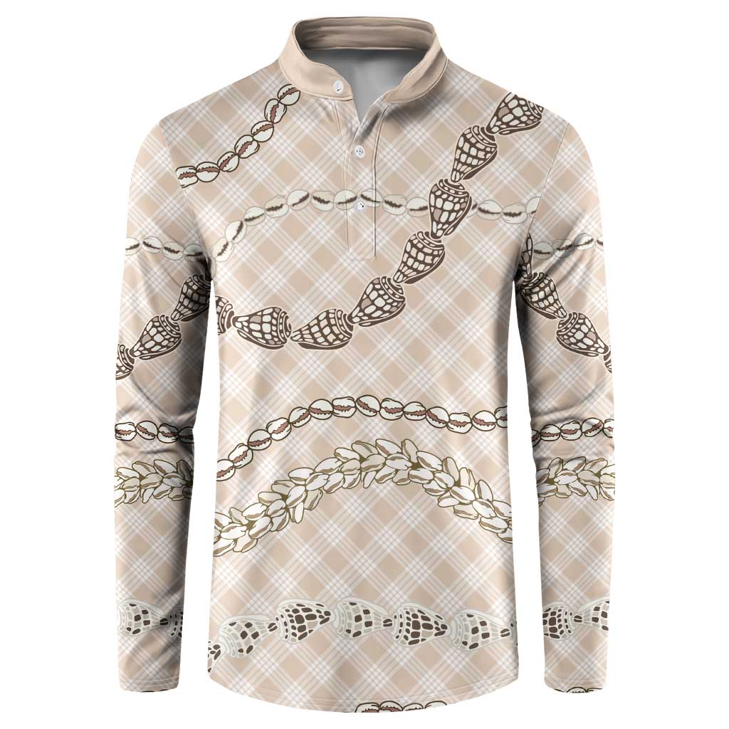 Beige Aloha Hawaii Shell Lei Button Sweatshirt Palaka Hebrew Cone Honey Cowrie Elegant Curves - Polynesian Pride
