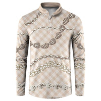 Beige Aloha Hawaii Shell Lei Button Sweatshirt Palaka Hebrew Cone Honey Cowrie Elegant Curves - Polynesian Pride