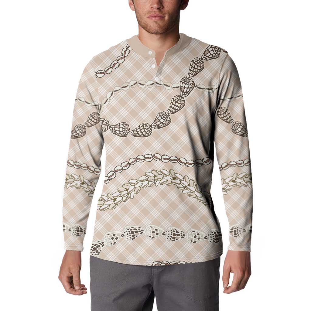Beige Aloha Hawaii Shell Lei Button Sweatshirt Palaka Hebrew Cone Honey Cowrie Elegant Curves - Polynesian Pride