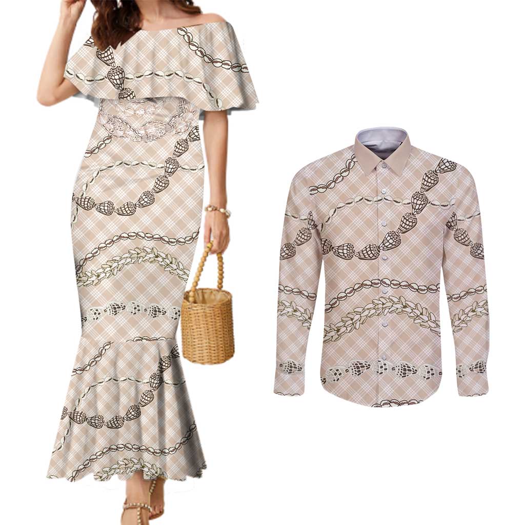 Beige Aloha Hawaii Shell Lei Couples Matching Mermaid Dress and Long Sleeve Button Shirt Palaka Hebrew Cone Honey Cowrie Elegant Curves - Polynesian Pride