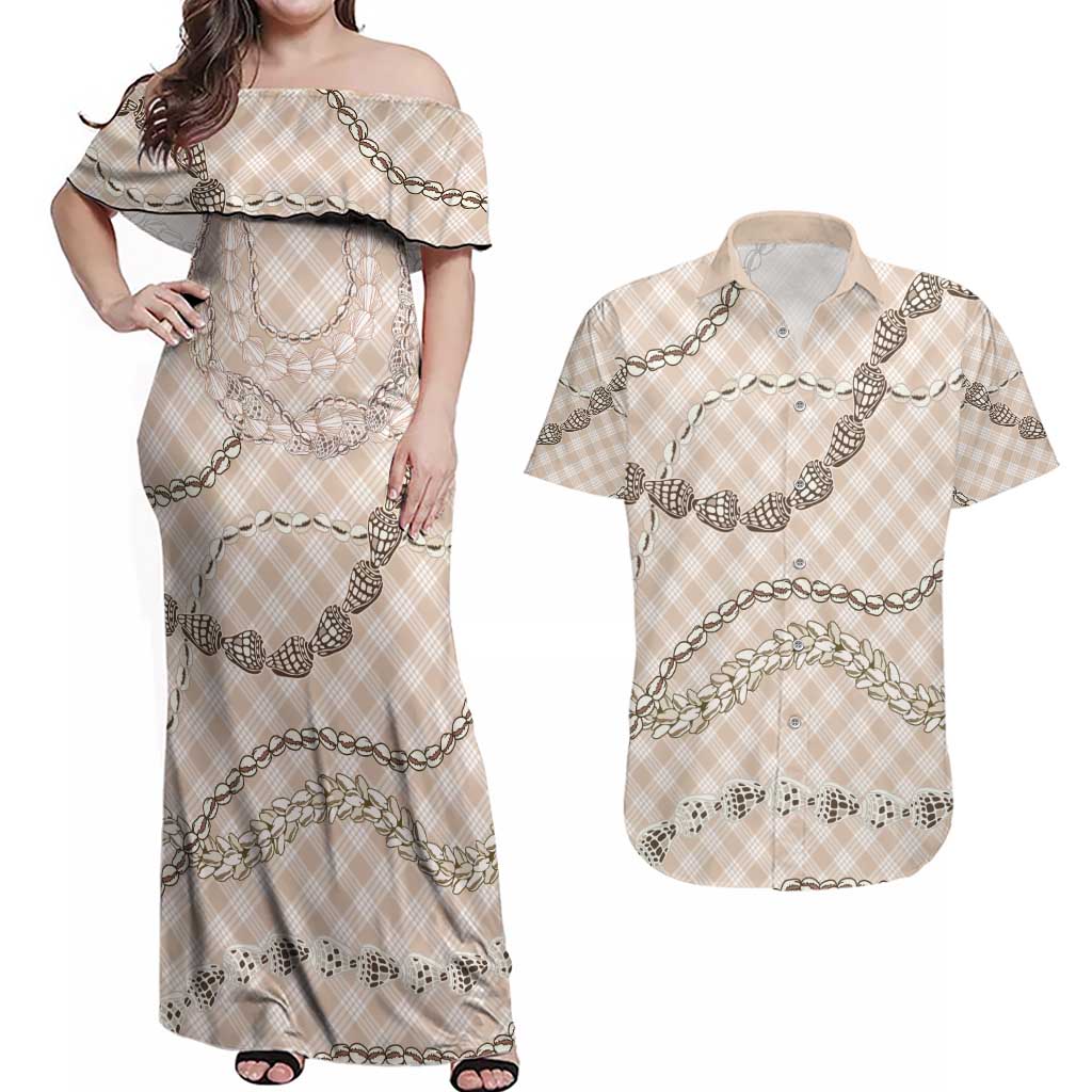 Beige Aloha Hawaii Shell Lei Couples Matching Off Shoulder Maxi Dress and Hawaiian Shirt Palaka Hebrew Cone Honey Cowrie Elegant Curves - Polynesian Pride