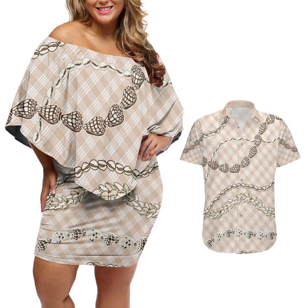 Beige Aloha Hawaii Shell Lei Couples Matching Off Shoulder Short Dress and Hawaiian Shirt Palaka Hebrew Cone Honey Cowrie Elegant Curves - Polynesian Pride