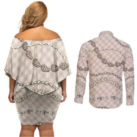 Beige Aloha Hawaii Shell Lei Couples Matching Off Shoulder Short Dress and Long Sleeve Button Shirt Palaka Hebrew Cone Honey Cowrie Elegant Curves - Polynesian Pride