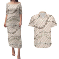 Beige Aloha Hawaii Shell Lei Couples Matching Puletasi and Hawaiian Shirt Palaka Hebrew Cone Honey Cowrie Elegant Curves - Polynesian Pride