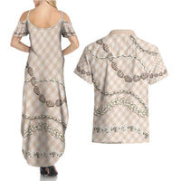 Beige Aloha Hawaii Shell Lei Couples Matching Summer Maxi Dress and Hawaiian Shirt Palaka Hebrew Cone Honey Cowrie Elegant Curves - Polynesian Pride