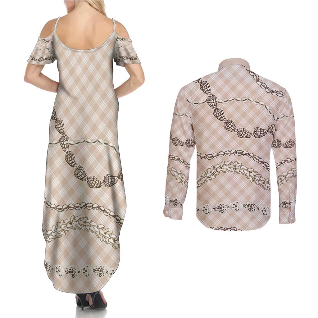 Beige Aloha Hawaii Shell Lei Couples Matching Summer Maxi Dress and Long Sleeve Button Shirt Palaka Hebrew Cone Honey Cowrie Elegant Curves - Polynesian Pride