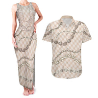 Beige Aloha Hawaii Shell Lei Couples Matching Tank Maxi Dress and Hawaiian Shirt Palaka Hebrew Cone Honey Cowrie Elegant Curves - Polynesian Pride