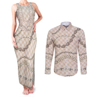 Beige Aloha Hawaii Shell Lei Couples Matching Tank Maxi Dress and Long Sleeve Button Shirt Palaka Hebrew Cone Honey Cowrie Elegant Curves - Polynesian Pride