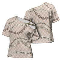 Beige Aloha Hawaii Shell Lei Cross Shoulder Shirt Palaka Hebrew Cone Honey Cowrie Elegant Curves - Polynesian Pride