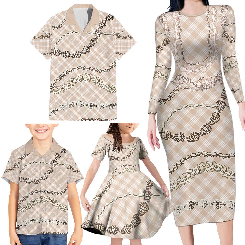 Beige Aloha Hawaii Shell Lei Family Matching Long Sleeve Bodycon Dress and Hawaiian Shirt Palaka Hebrew Cone Honey Cowrie Elegant Curves - Polynesian Pride