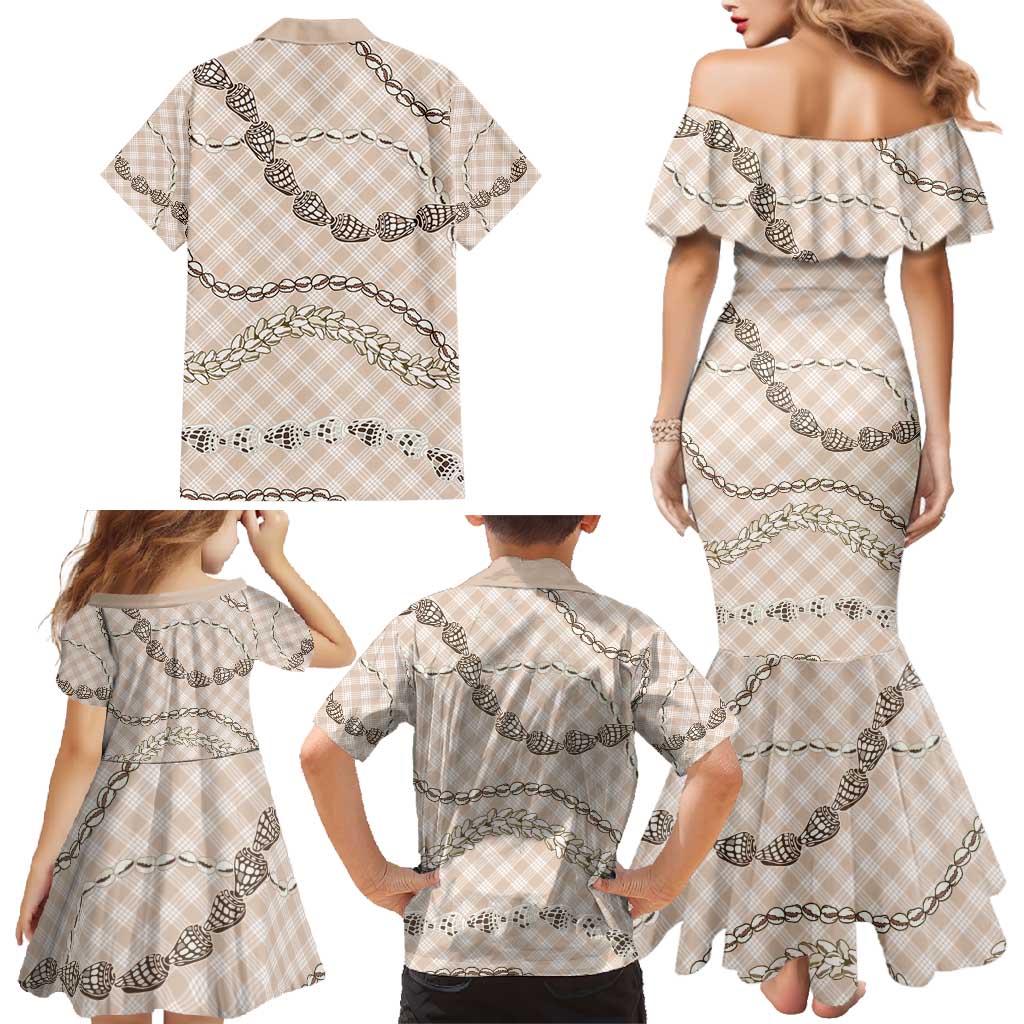 Beige Aloha Hawaii Shell Lei Family Matching Mermaid Dress and Hawaiian Shirt Palaka Hebrew Cone Honey Cowrie Elegant Curves - Polynesian Pride