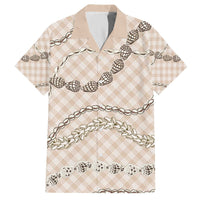 Beige Aloha Hawaii Shell Lei Family Matching Off The Shoulder Long Sleeve Dress and Hawaiian Shirt Palaka Hebrew Cone Honey Cowrie Elegant Curves - Polynesian Pride