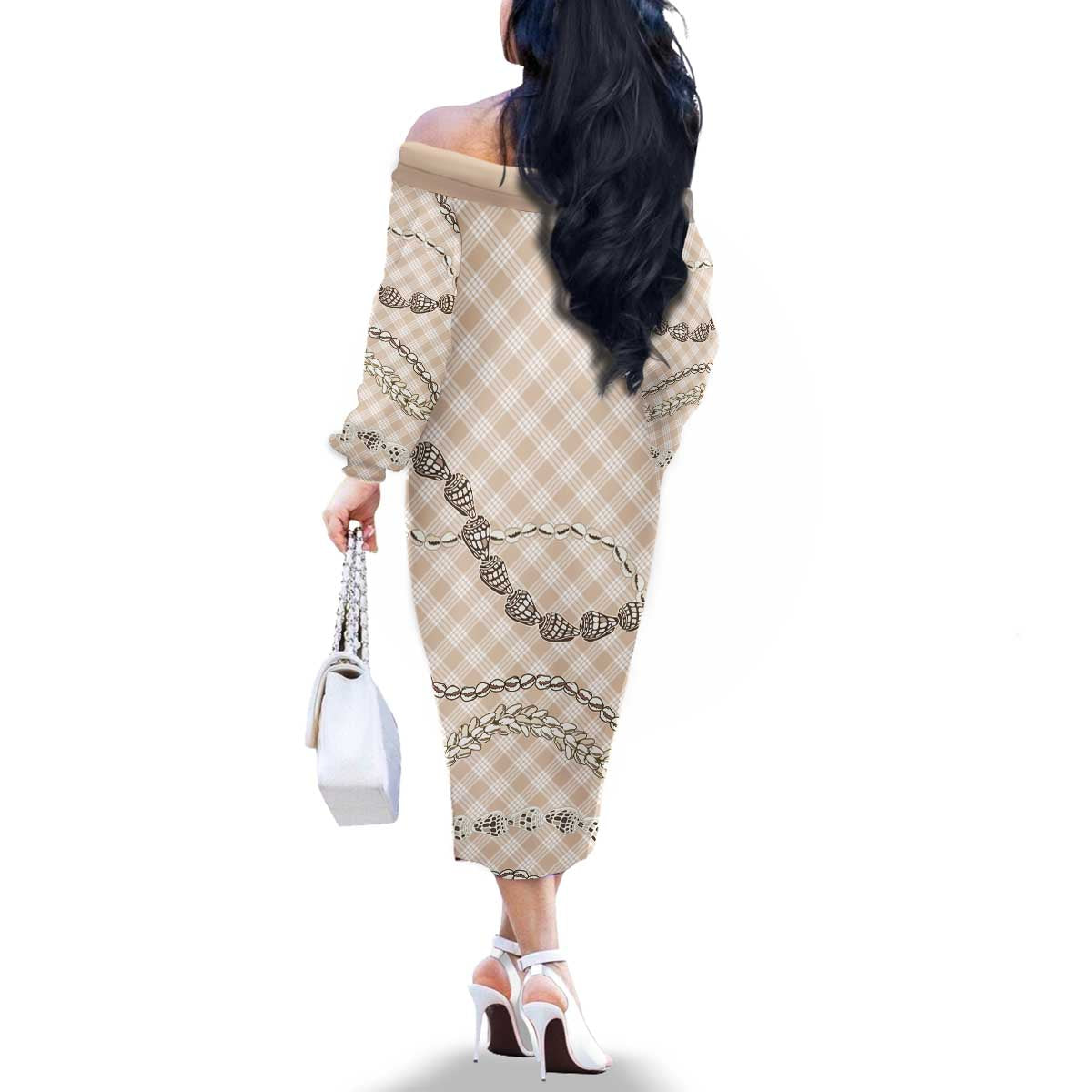 Beige Aloha Hawaii Shell Lei Family Matching Off The Shoulder Long Sleeve Dress and Hawaiian Shirt Palaka Hebrew Cone Honey Cowrie Elegant Curves - Polynesian Pride