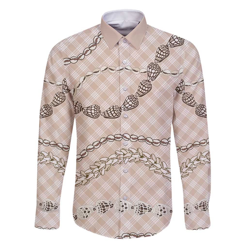 Beige Aloha Hawaii Shell Lei Family Matching Off Shoulder Maxi Dress and Hawaiian Shirt Palaka Hebrew Cone Honey Cowrie Elegant Curves - Polynesian Pride