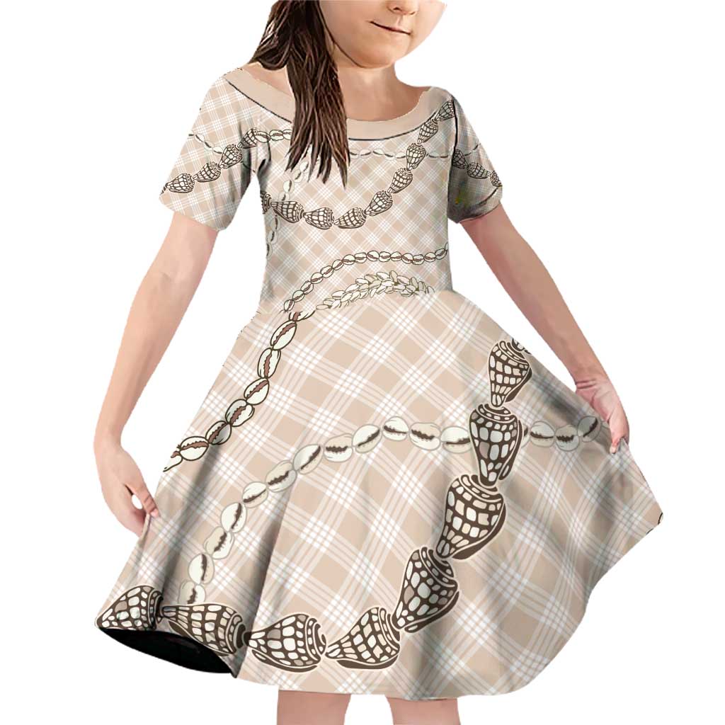 Beige Aloha Hawaii Shell Lei Family Matching Off Shoulder Short Dress and Hawaiian Shirt Palaka Hebrew Cone Honey Cowrie Elegant Curves - Polynesian Pride