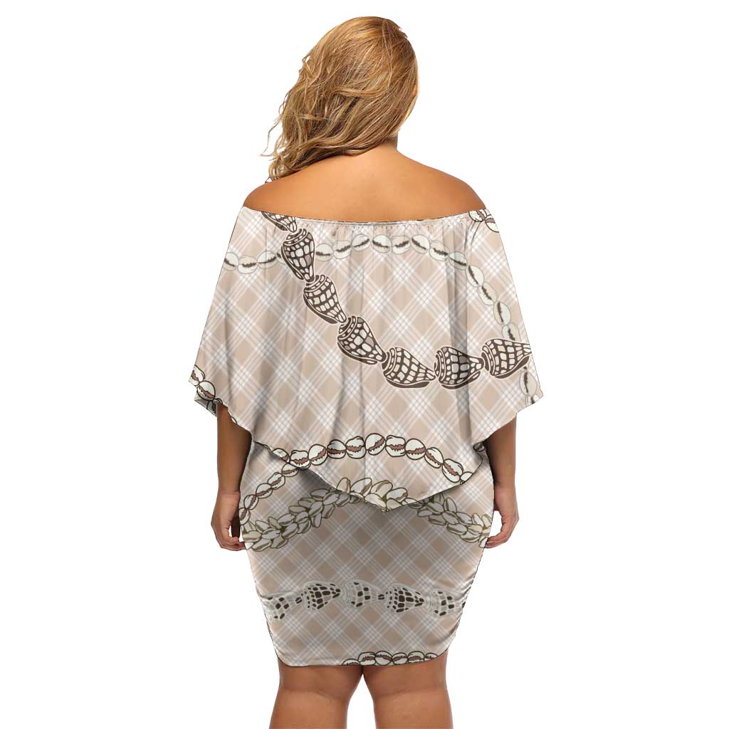 Beige Aloha Hawaii Shell Lei Family Matching Off Shoulder Short Dress and Hawaiian Shirt Palaka Hebrew Cone Honey Cowrie Elegant Curves - Polynesian Pride