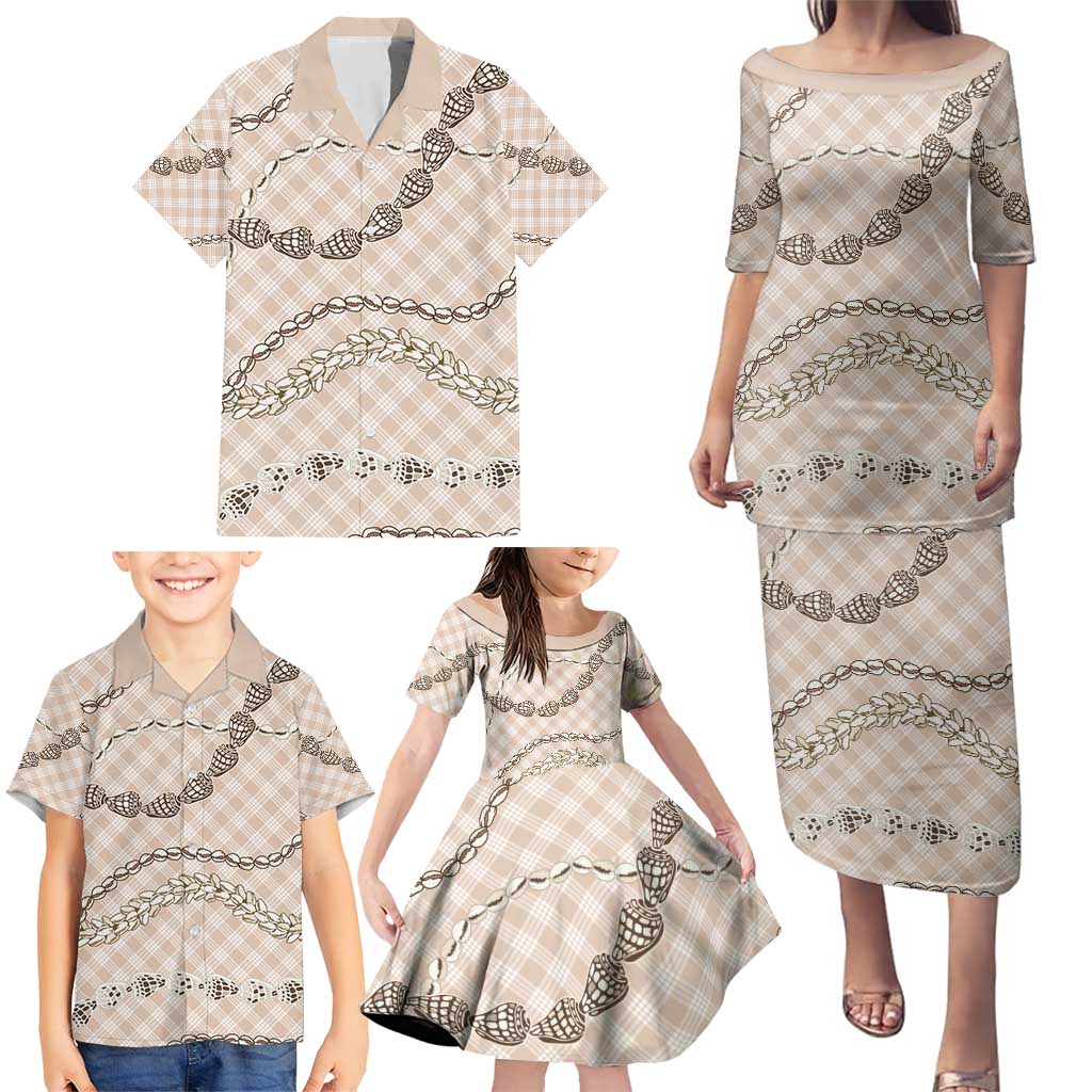 Beige Aloha Hawaii Shell Lei Family Matching Puletasi and Hawaiian Shirt Palaka Hebrew Cone Honey Cowrie Elegant Curves - Polynesian Pride