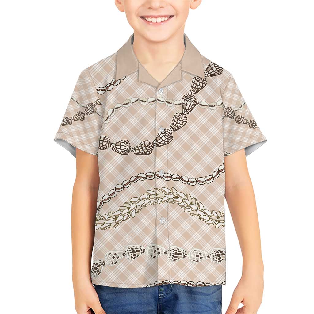 Beige Aloha Hawaii Shell Lei Family Matching Short Sleeve Bodycon Dress and Hawaiian Shirt Palaka Hebrew Cone Honey Cowrie Elegant Curves - Polynesian Pride