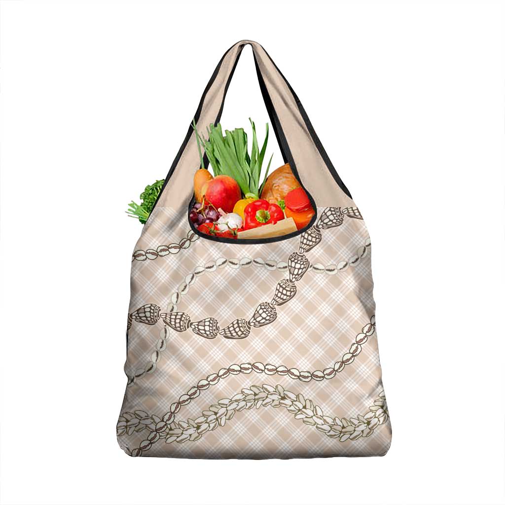 Beige Aloha Hawaii Shell Lei Grocery Bag Palaka Hebrew Cone Honey Cowrie Elegant Curves - Polynesian Pride