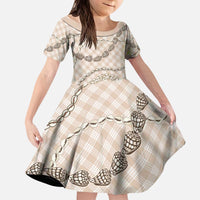 Beige Aloha Hawaii Shell Lei Kid Short Sleeve Dress Palaka Hebrew Cone Honey Cowrie Elegant Curves - Polynesian Pride