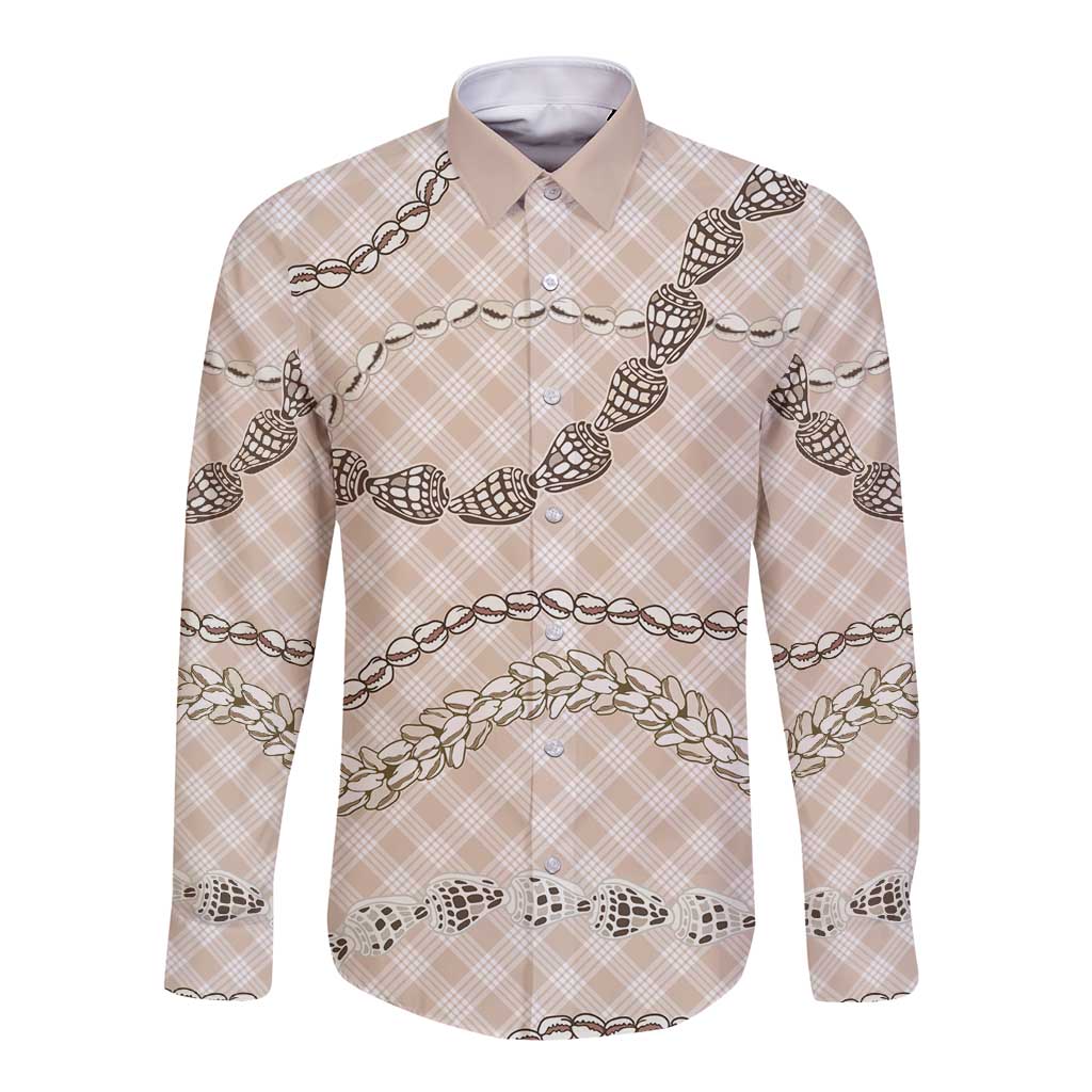 Beige Aloha Hawaii Shell Lei Long Sleeve Button Shirt Palaka Hebrew Cone Honey Cowrie Elegant Curves - Polynesian Pride