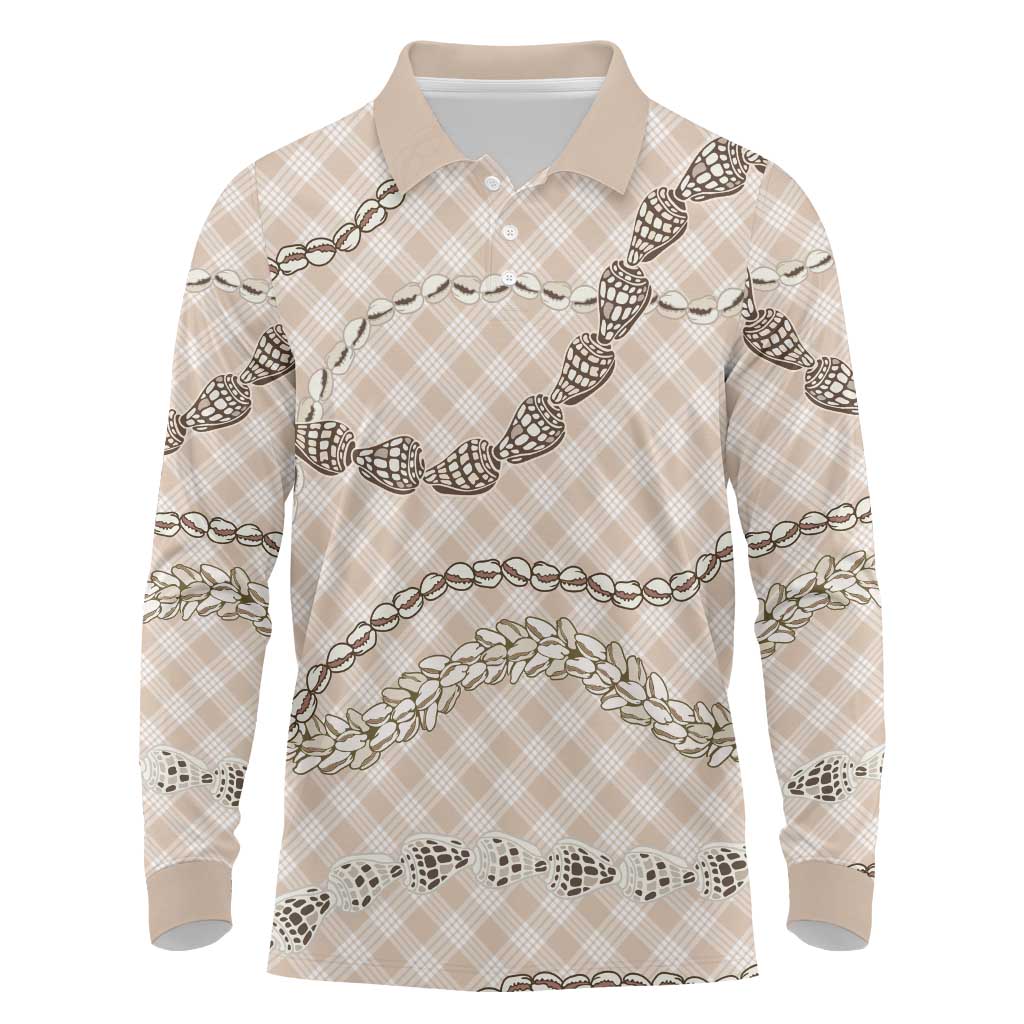 Beige Aloha Hawaii Shell Lei Long Sleeve Polo Shirt Palaka Hebrew Cone Honey Cowrie Elegant Curves - Polynesian Pride