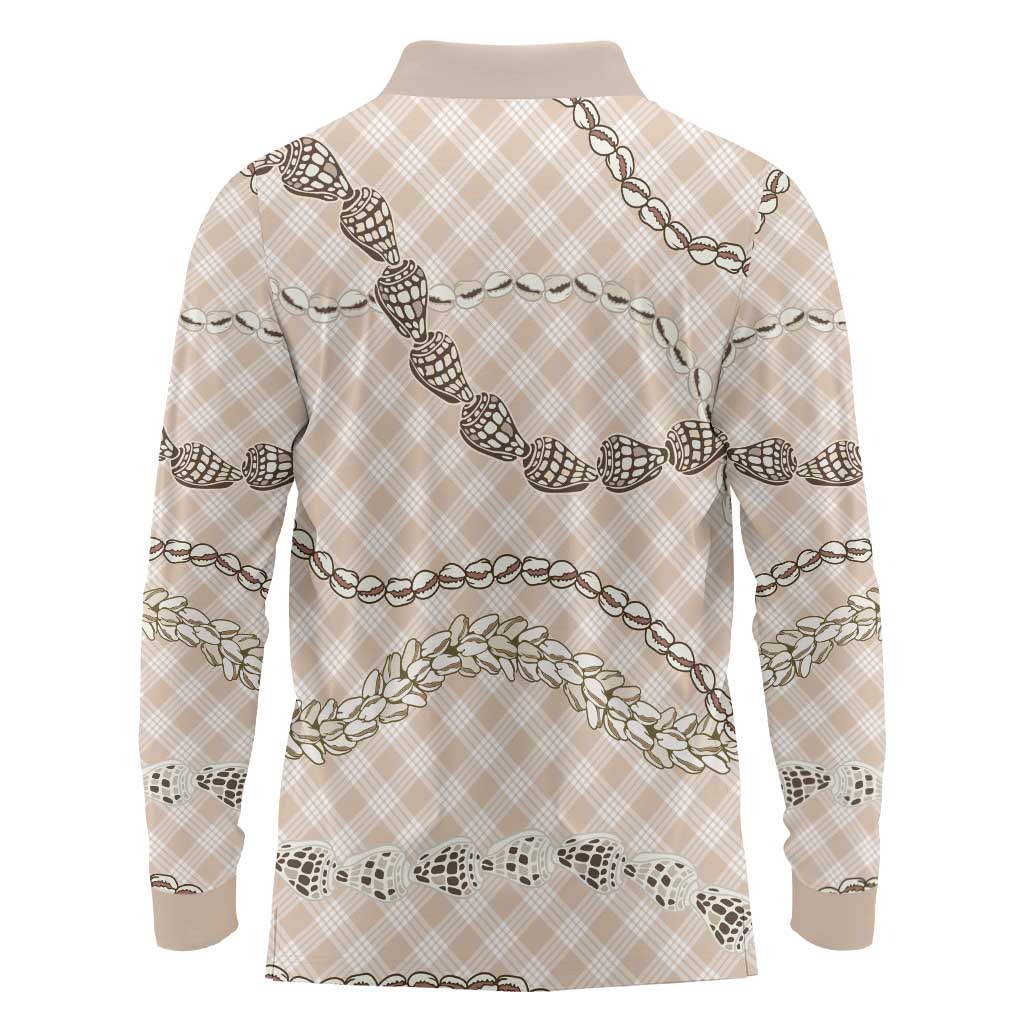 Beige Aloha Hawaii Shell Lei Long Sleeve Polo Shirt Palaka Hebrew Cone Honey Cowrie Elegant Curves - Polynesian Pride