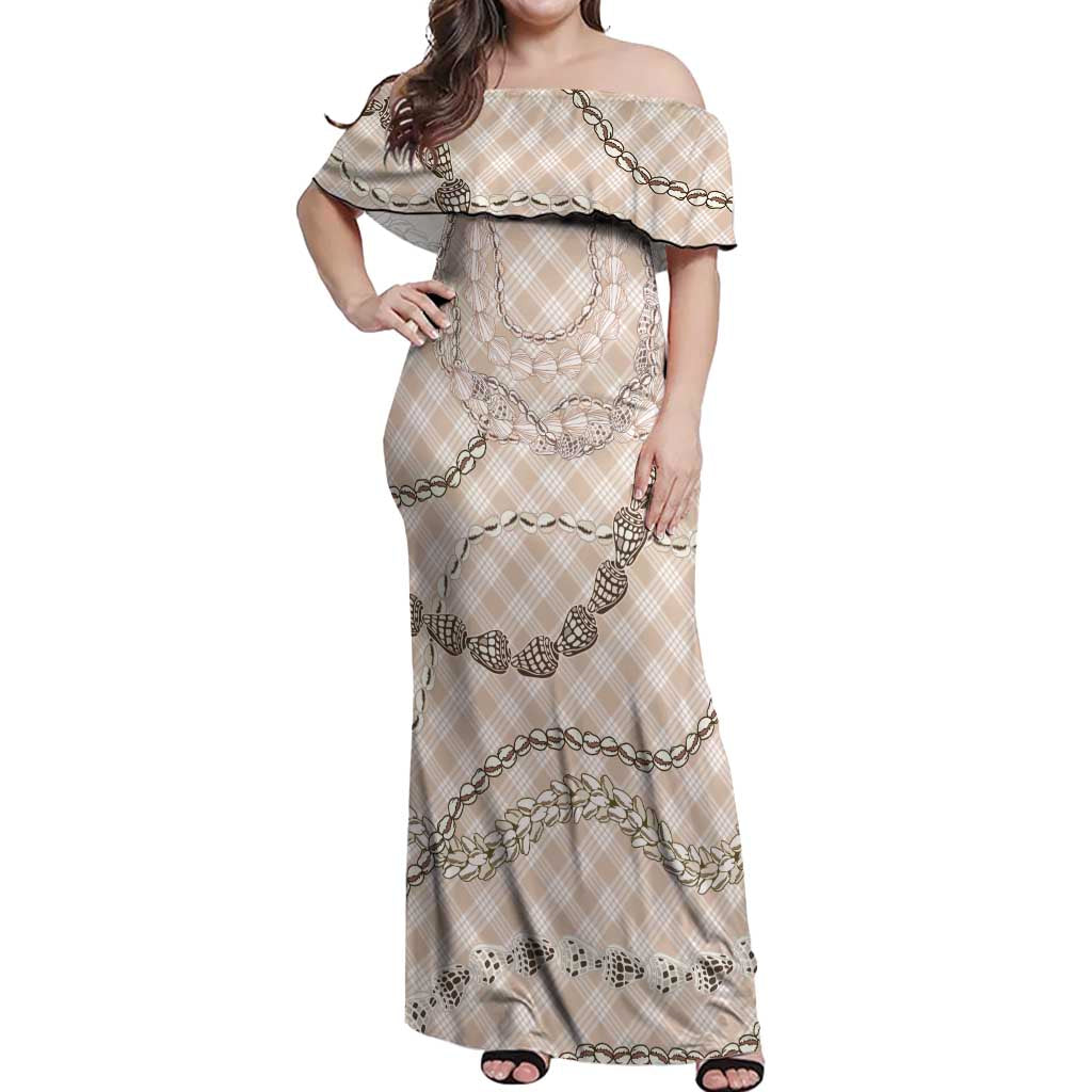 Beige Aloha Hawaii Shell Lei Off Shoulder Maxi Dress Palaka Hebrew Cone Honey Cowrie Elegant Curves - Polynesian Pride
