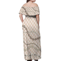 Beige Aloha Hawaii Shell Lei Off Shoulder Maxi Dress Palaka Hebrew Cone Honey Cowrie Elegant Curves - Polynesian Pride