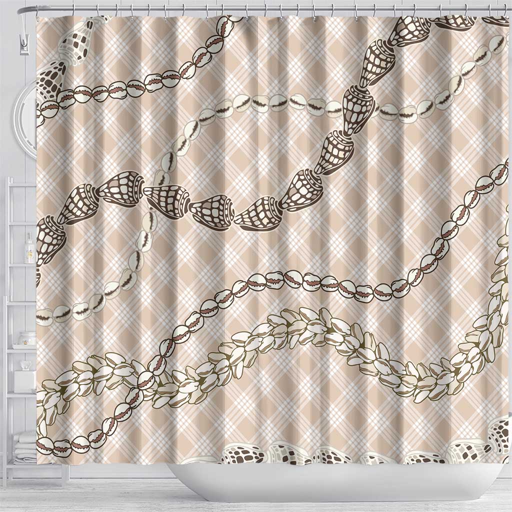 Beige Aloha Hawaii Shell Lei Shower Curtain Palaka Hebrew Cone Honey Cowrie Elegant Curves - Polynesian Pride