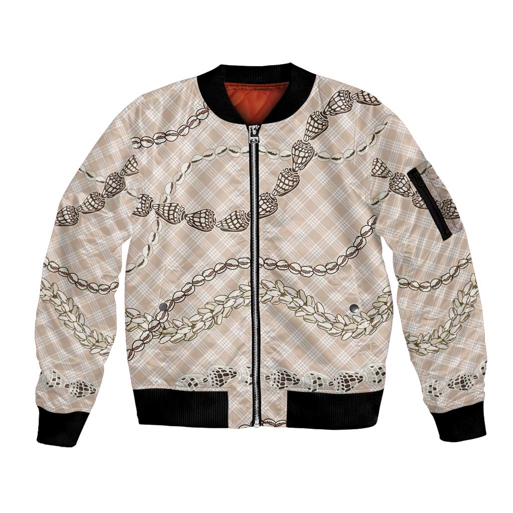 Beige Aloha Hawaii Shell Lei Sleeve Zip Bomber Jacket Palaka Hebrew Cone Honey Cowrie Elegant Curves - Polynesian Pride