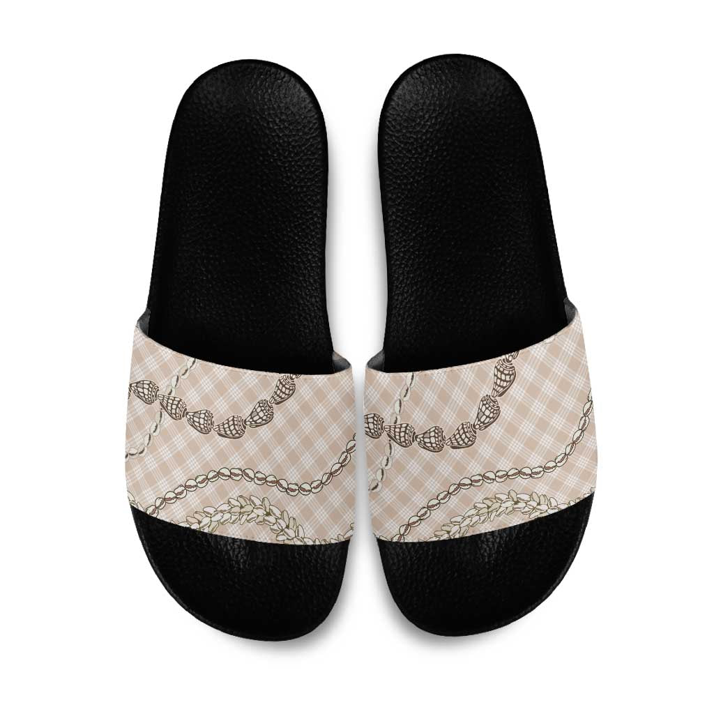 Beige Aloha Hawaii Shell Lei Slide Sandals Palaka Hebrew Cone Honey Cowrie Elegant Curves - Polynesian Pride